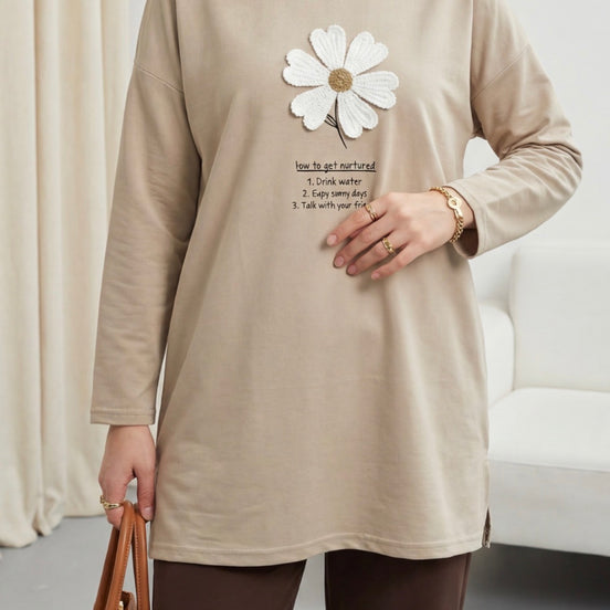 Front Embroidered Floral Crew Neck Cotton Top