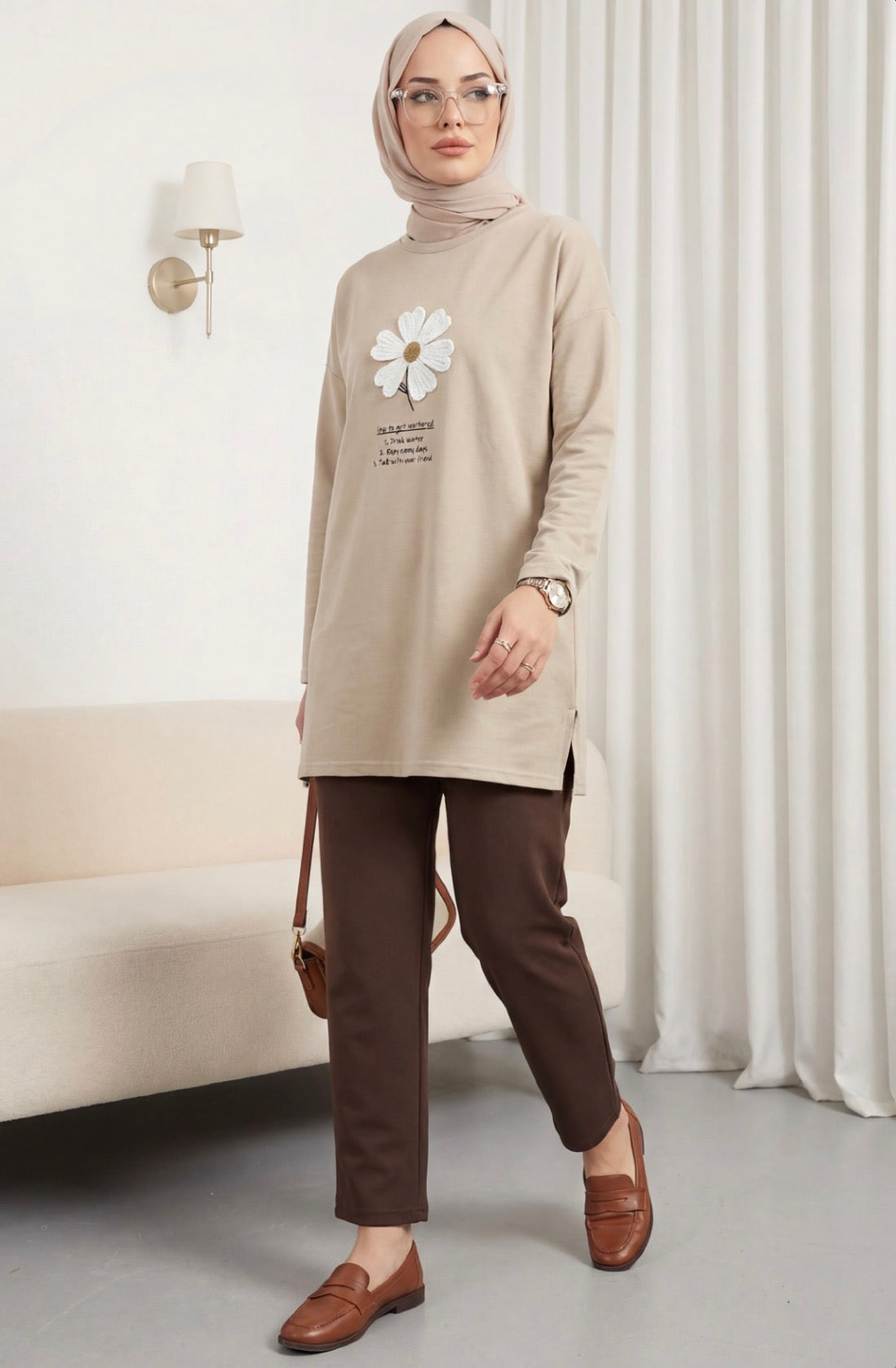 Front Embroidered Floral Crew Neck Cotton Top