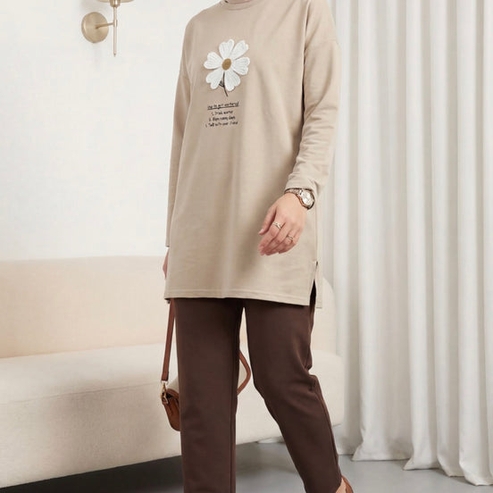 Front Embroidered Floral Crew Neck Cotton Top