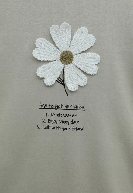 Front Embroidered Floral Crew Neck Cotton Top