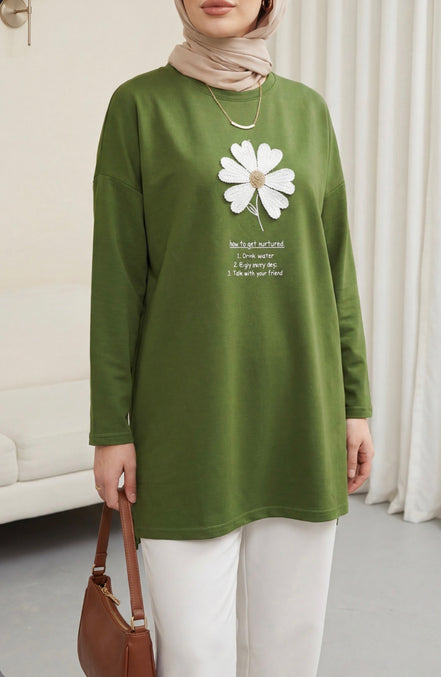 Front Embroidered Floral Crew Neck Cotton TOP