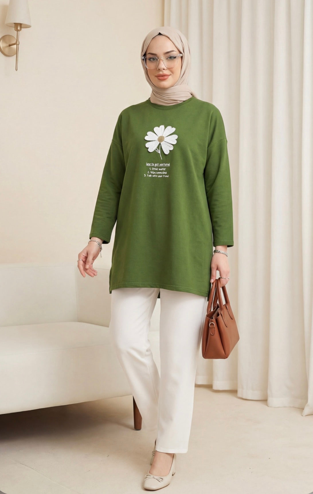 Front Embroidered Floral Crew Neck Cotton TOP