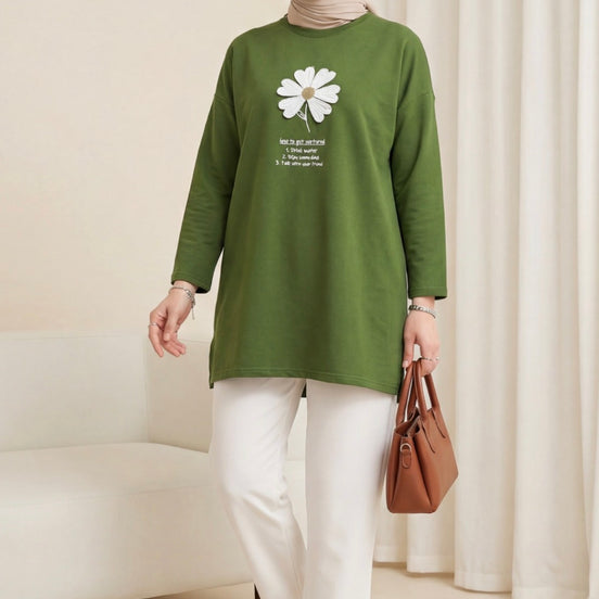 Front Embroidered Floral Crew Neck Cotton TOP