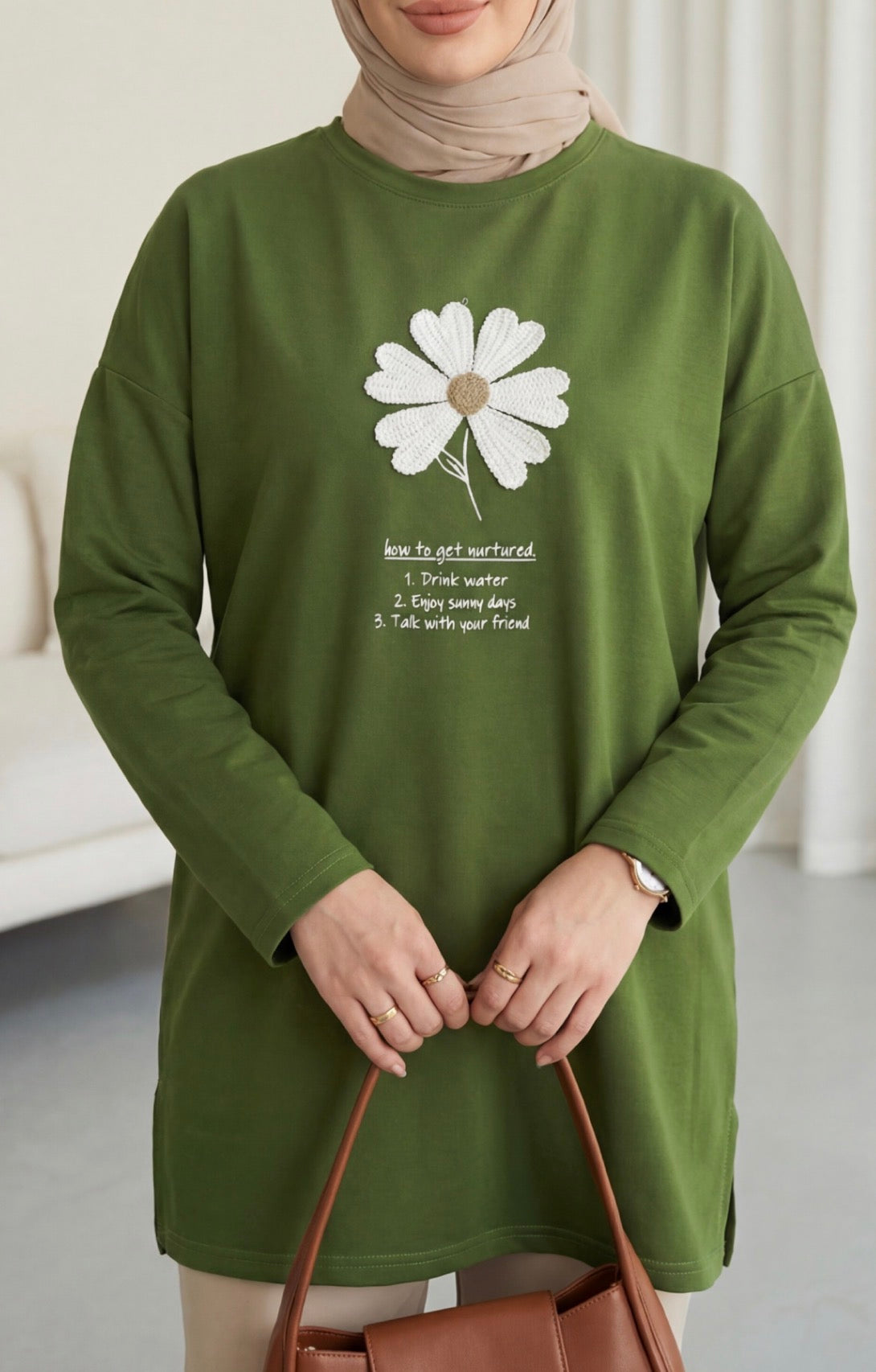 Front Embroidered Floral Crew Neck Cotton TOP