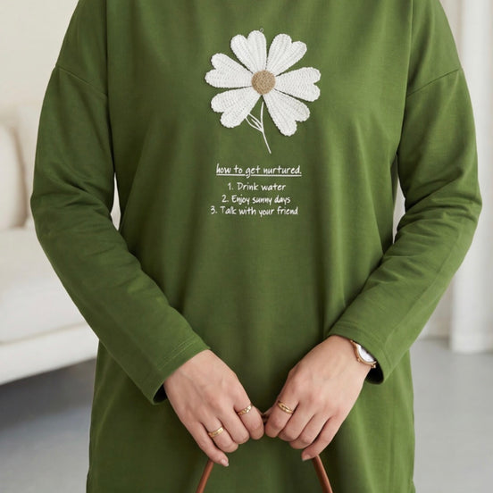 Front Embroidered Floral Crew Neck Cotton TOP