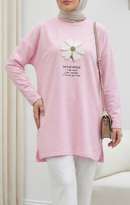 Front Embroidered Floral Crew Neck Cotton Top