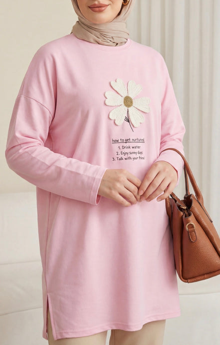Front Embroidered Floral Crew Neck Cotton Top
