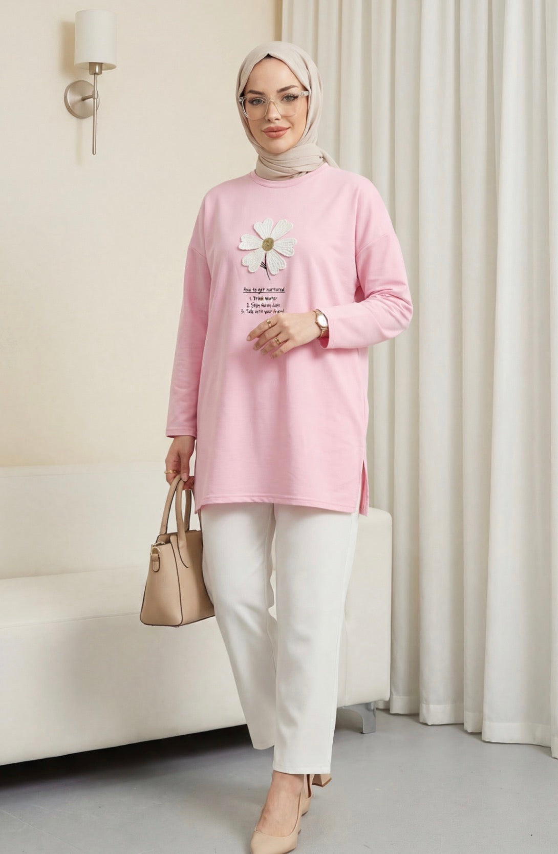 Front Embroidered Floral Crew Neck Cotton Top