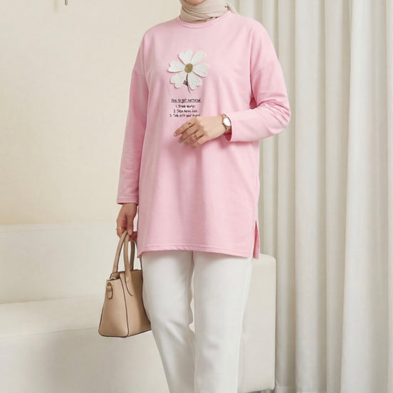 Front Embroidered Floral Crew Neck Cotton Top