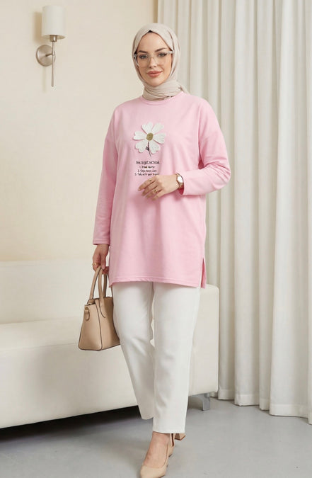 Front Embroidered Floral Crew Neck Cotton Top