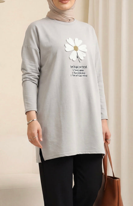 Front Embroidered Floral Crew Neck Cotton Top