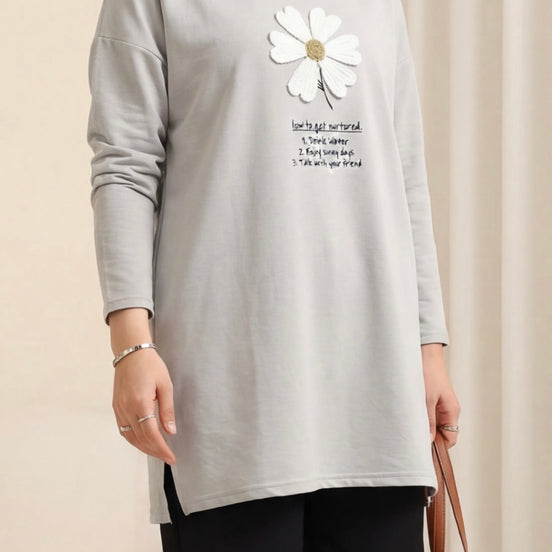 Front Embroidered Floral Crew Neck Cotton Top