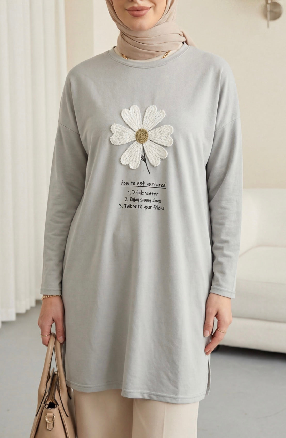 Front Embroidered Floral Crew Neck Cotton Top