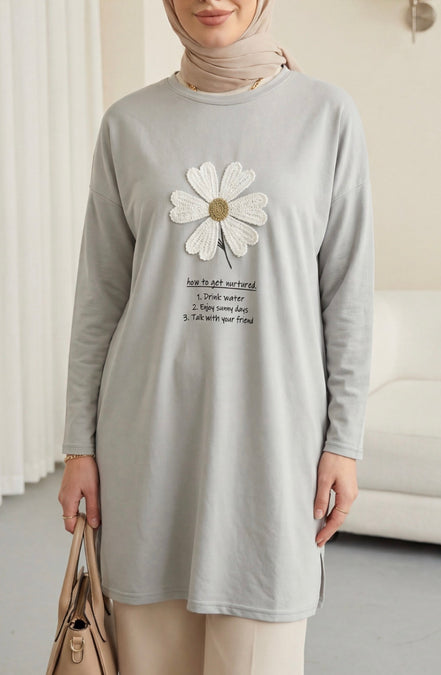 Front Embroidered Floral Crew Neck Cotton Top