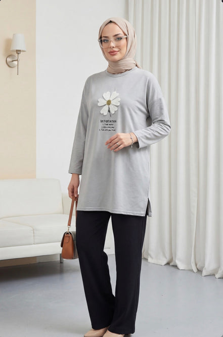 Front Embroidered Floral Crew Neck Cotton Top