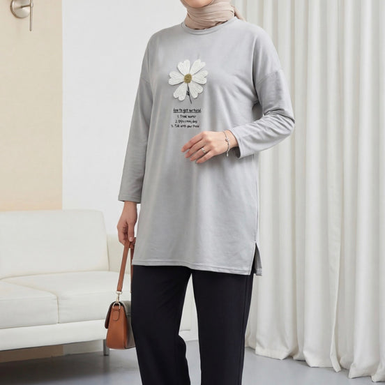 Front Embroidered Floral Crew Neck Cotton Top