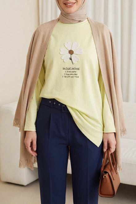 Front Embroidered Floral Crew Neck Cotton Top
