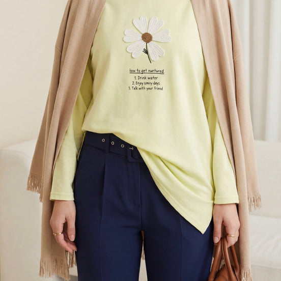 Front Embroidered Floral Crew Neck Cotton Top