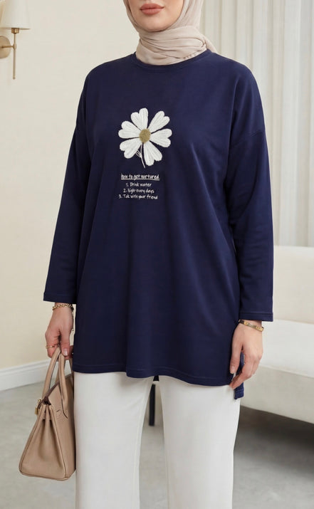 Front Embroidered Floral Crew Neck Cotton Top