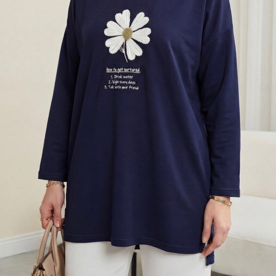 Front Embroidered Floral Crew Neck Cotton Top