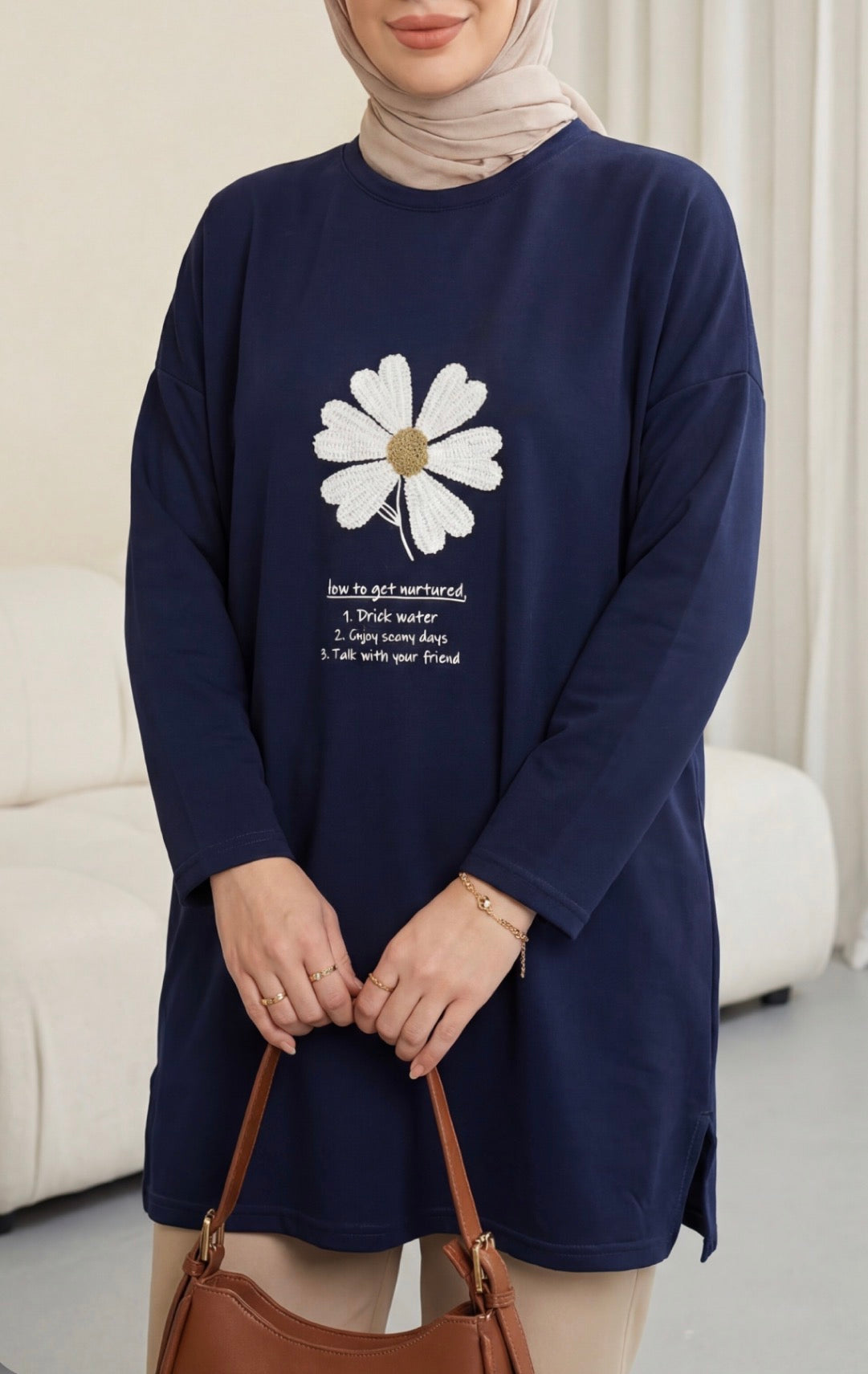 Front Embroidered Floral Crew Neck Cotton Top