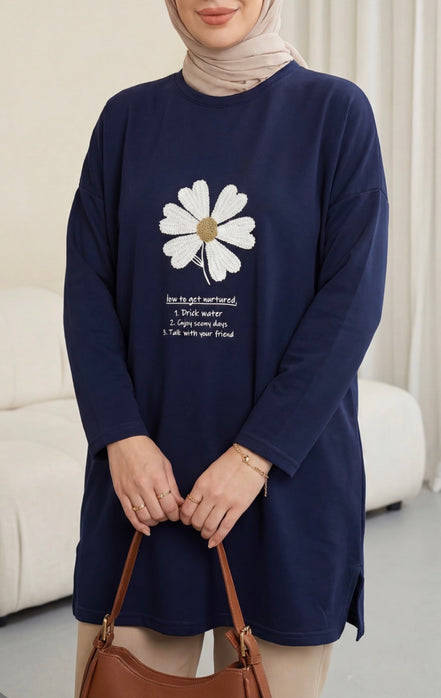 Front Embroidered Floral Crew Neck Cotton Top
