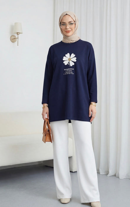 Front Embroidered Floral Crew Neck Cotton Top
