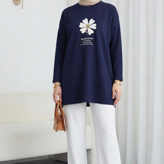 Front Embroidered Floral Crew Neck Cotton Top
