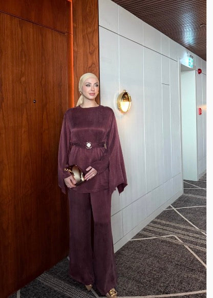 Burgundy Belted Wide-Leg Modest Co-ord Set