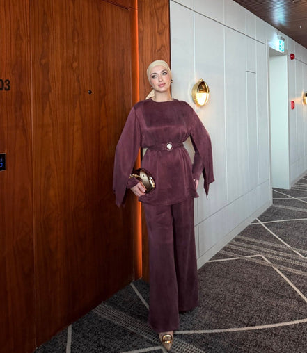 Burgundy Belted Wide-Leg Modest Co-ord Set