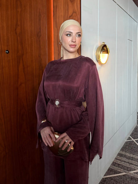 Burgundy Belted Wide-Leg Modest Co-ord Set