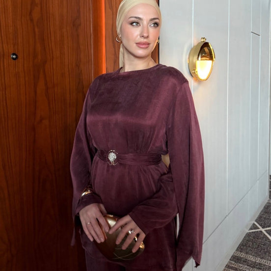 Burgundy Belted Wide-Leg Modest Co-ord Set